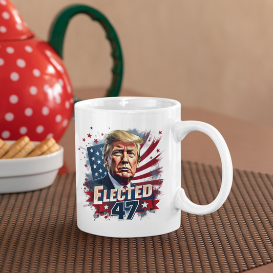 Coffee Mug - Elected 47 Donald J Trump with American Flag Background