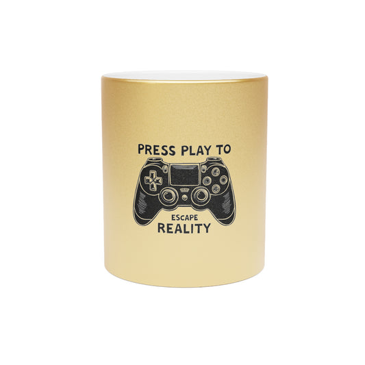 Press Play to Escape Metallic Mug (Silver/Gold)